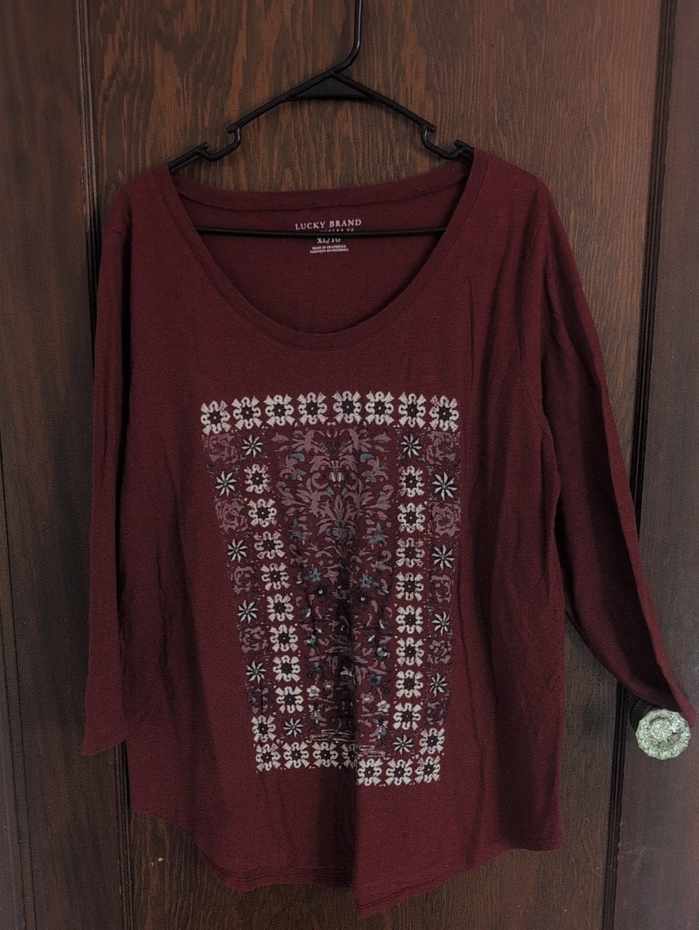 Lucky Brand Maroon Long Sleeve Scoop Neck Top with Front Print